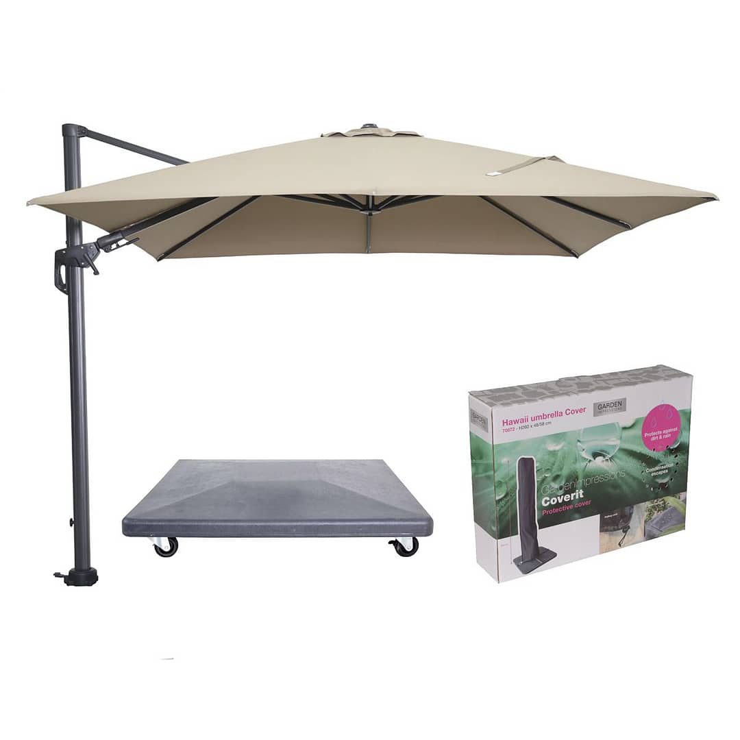 Garden Impressions Hawaii parasol - 3x3 m - taupe doek - inclusief 90 kg parasolvoet en hoes